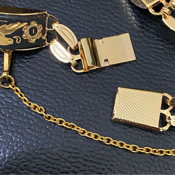 Vintage Damascene Gold-tone Enameled Birds & Flowers Link 8” Bracelet 16.3g - Picture 13 of 15